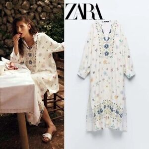 ZARA Oversized Linen Blend Floral Print Tunic Dress Kaftan - Size S - NWT
